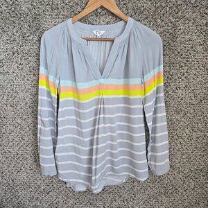 Crown & Ivy Top Womens‎ XS Gray Striped V Neck Blouse Rayon Casual Ladies